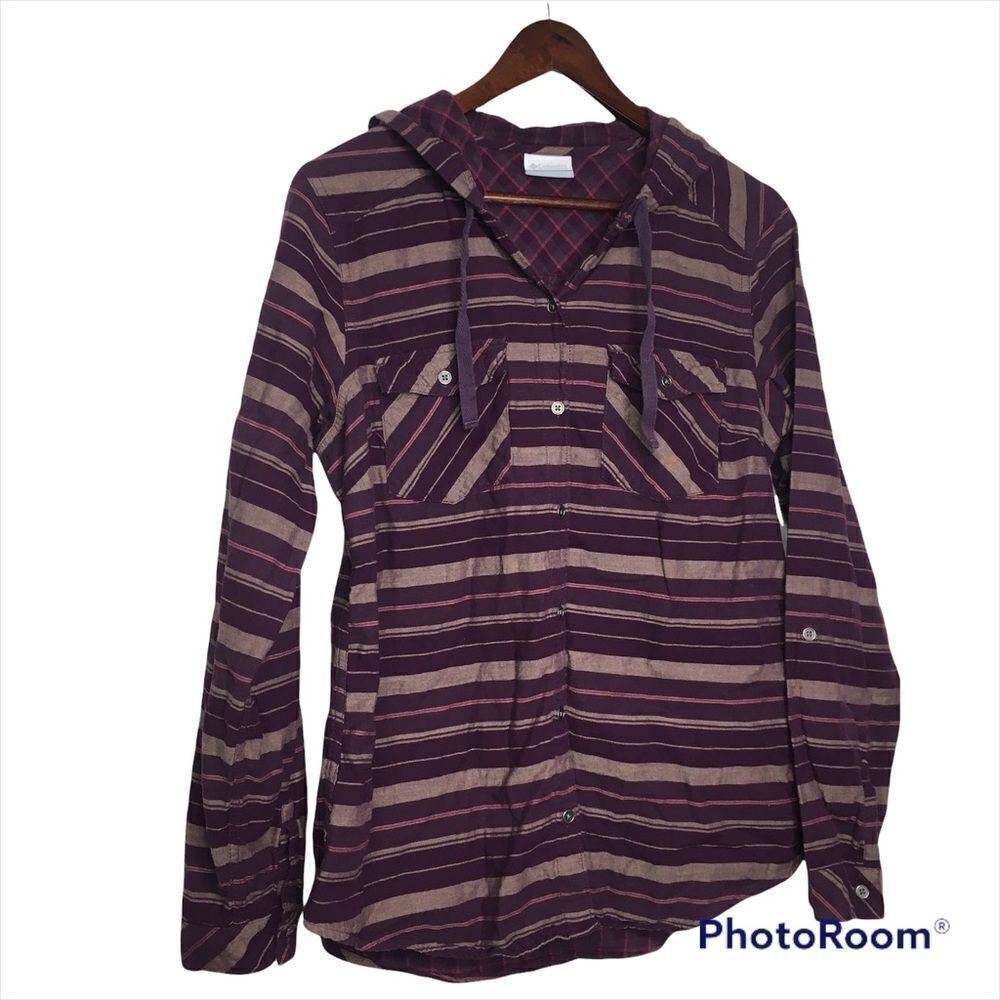 Columbia Striped Hooded Button Down Long Sleeve Shirt Sz S